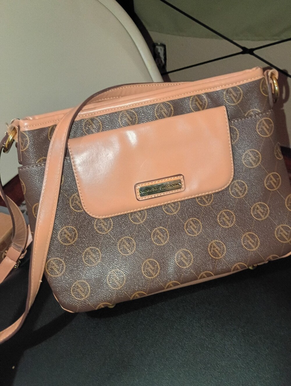 Adrienne Vittadini Brown Monogram Messenger Bag